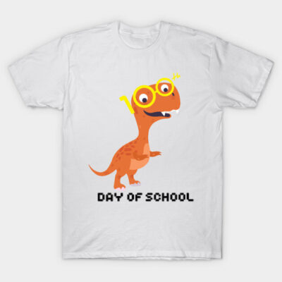 White T-shirt with orange dinosaur graphic and "Day of School" text, fun design for kids, cotton material.