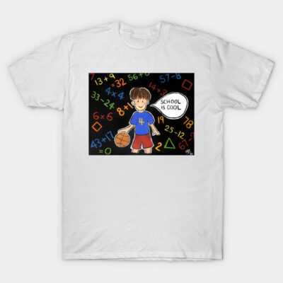 White T-shirt with colorful math design, featuring a cartoon character holding a basketball, promoting school enthusiasm.