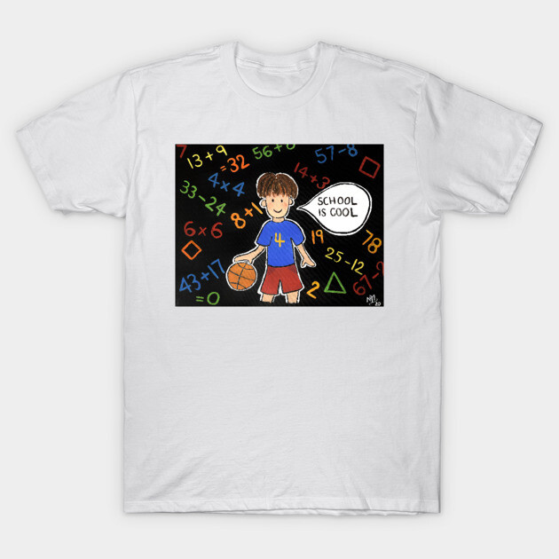 White T-shirt with colorful math design, featuring a cartoon character holding a basketball, promoting school enthusiasm.