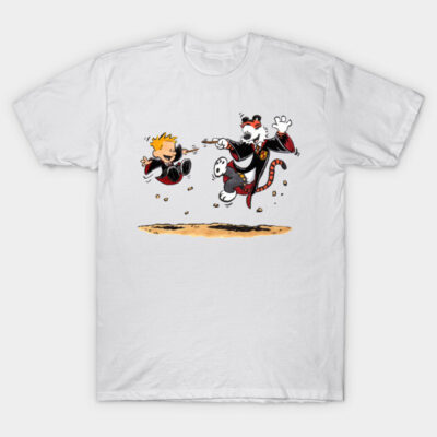 White T-shirt with playful cartoon characters in martial arts poses, perfect for casual wear. 100% cotton material.