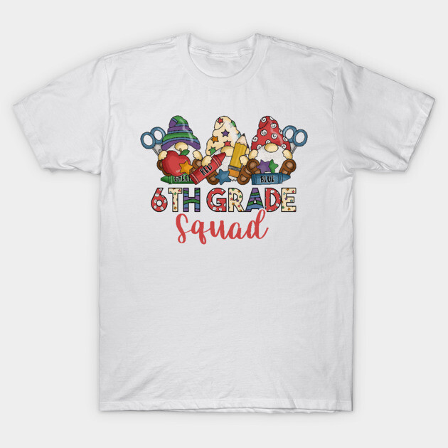 White "6th Grade Squad" T-shirt with colorful gnome graphic, perfect for school events or casual wear.