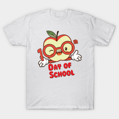 White T-shirt with cute apple graphic and "1st Day of School" text, perfect for back-to-school celebrations.