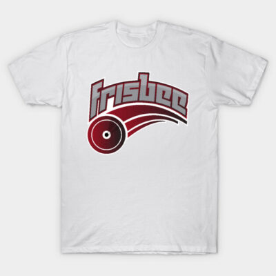 White t-shirt with maroon frisbee graphic, casual style, cotton material, perfect for outdoor sports or leisure wear.