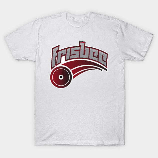 White t-shirt with maroon frisbee graphic, casual style, cotton material, perfect for outdoor sports or leisure wear.