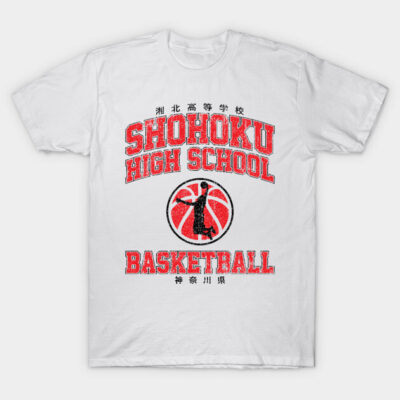 White Shohoku High School Basketball T-shirt, red graphic design, casual sportswear, cotton fabric, unisex style.