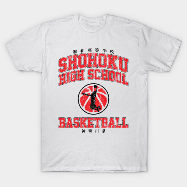 White Shohoku High School Basketball T-shirt, red graphic design, casual sportswear, cotton fabric, unisex style.