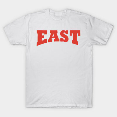 White cotton T-shirt with bold red "EAST" text, casual style, perfect for everyday wear.
