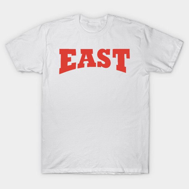 White cotton T-shirt with bold red "EAST" text, casual style, perfect for everyday wear.