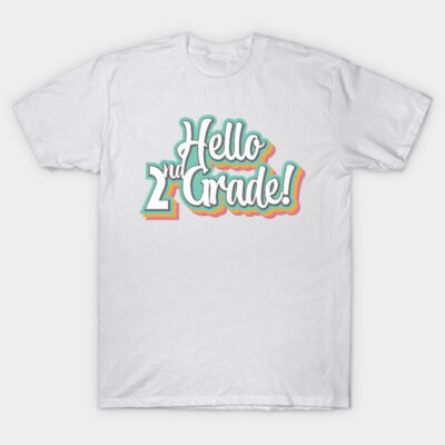 White T-shirt with "Hello 2nd Grade" text, colorful design, perfect for school events or casual wear.