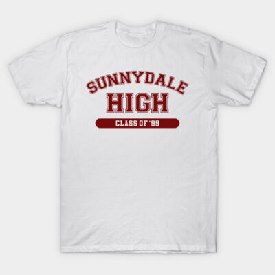 White Sunnydale High Class of '99 T-shirt, red text, casual wear, 100% cotton, unisex design.