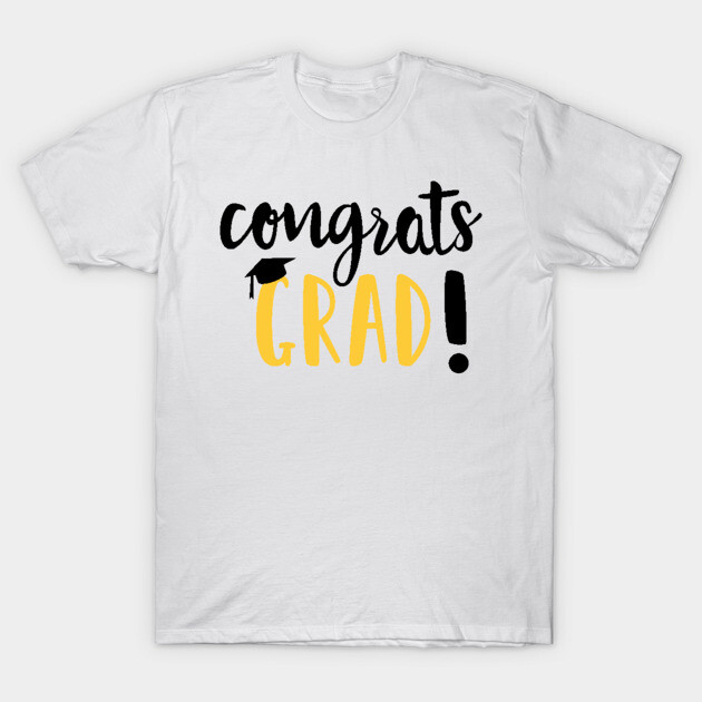 White "Congrats Grad!" T-shirt with black and yellow text, featuring a graduation cap design. Ideal for graduation events.