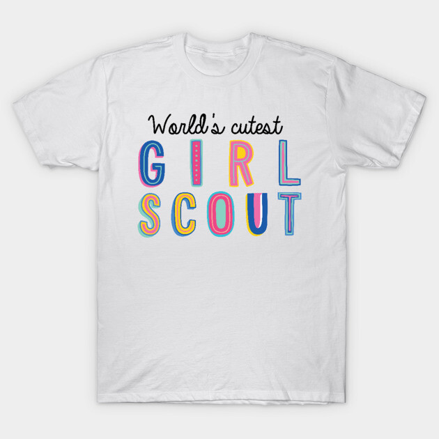 White T-shirt with colorful "World's Cutest Girl Scout" text, casual style, ideal for youth, 100% cotton material.