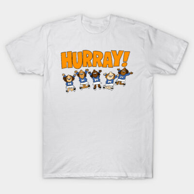 White cotton t-shirt with "Hurray!" text and cartoon design in vibrant colors, casual style for everyday wear.
