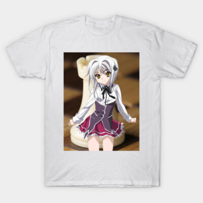 White anime graphic t-shirt featuring a chess piece background, perfect for casual wear and anime enthusiasts.