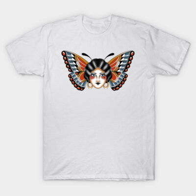White T-shirt with butterfly face design, colorful tattoo style, casual wear, cotton material.