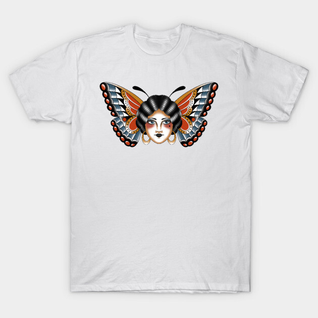 White T-shirt with butterfly face design, colorful tattoo style, casual wear, cotton material.
