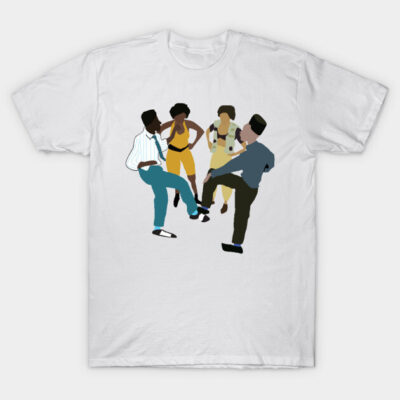 White t-shirt with colorful abstract dancing figures, casual style, 100% cotton, perfect for everyday wear.