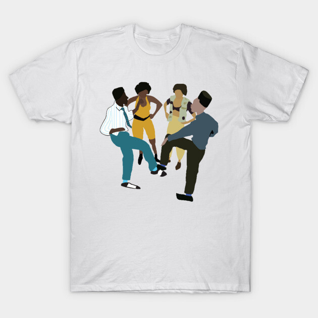 White t-shirt with colorful abstract dancing figures, casual style, 100% cotton, perfect for everyday wear.