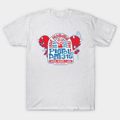 White graphic t-shirt with red and blue cartoon design, featuring bold text. Casual style, made of cotton.