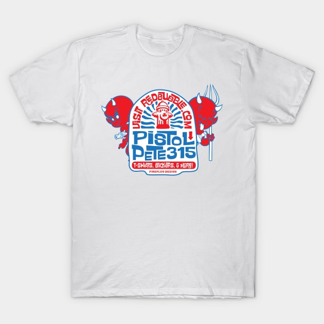 White graphic t-shirt with red and blue cartoon design, featuring bold text. Casual style, made of cotton.