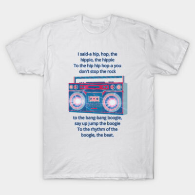 White T-shirt with retro boombox graphic and hip hop lyrics, casual style, cotton material, perfect for music lovers.