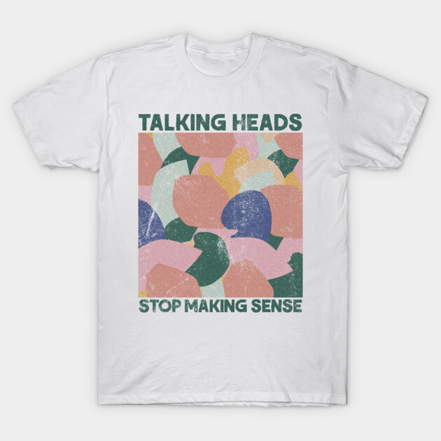 White graphic t-shirt featuring abstract colorful shapes and bold text, ideal for casual wear and music fans.