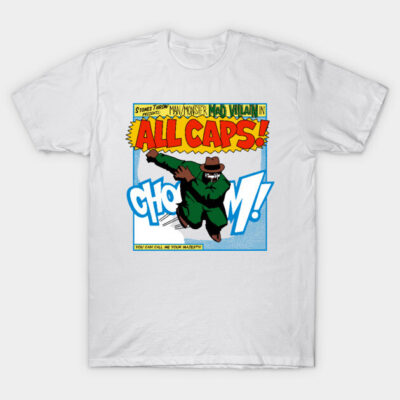 White graphic t-shirt featuring comic-style design in vibrant colors, casual wear, 100% cotton material.