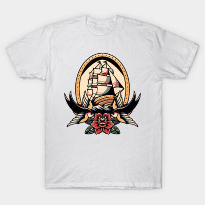 White t-shirt with vintage ship and swallow tattoo design, featuring a rose. Casual wear, cotton material.