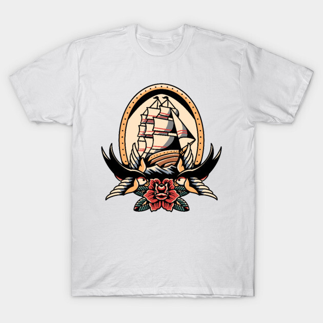 White t-shirt with vintage ship and swallow tattoo design, featuring a rose. Casual wear, cotton material.