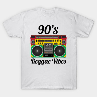 White T-shirt with colorful boombox design and "90's Reggae Vibes" text, perfect for music enthusiasts.