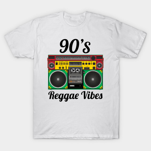 White T-shirt with colorful boombox design and "90's Reggae Vibes" text, perfect for music enthusiasts.