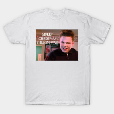 White novelty Christmas T-shirt with humorous graphic and text, casual holiday wear, cotton material, unisex design.