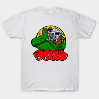 White graphic t-shirt featuring colorful comic-style design with bold text, perfect for casual wear and fans of pop culture.