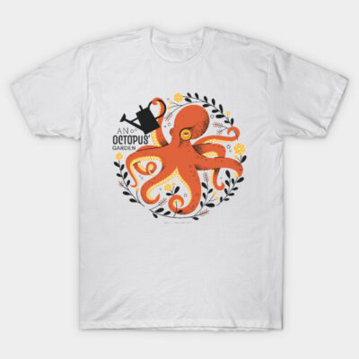 White t-shirt with vibrant octopus garden print, casual style, 100% cotton, perfect for everyday wear.