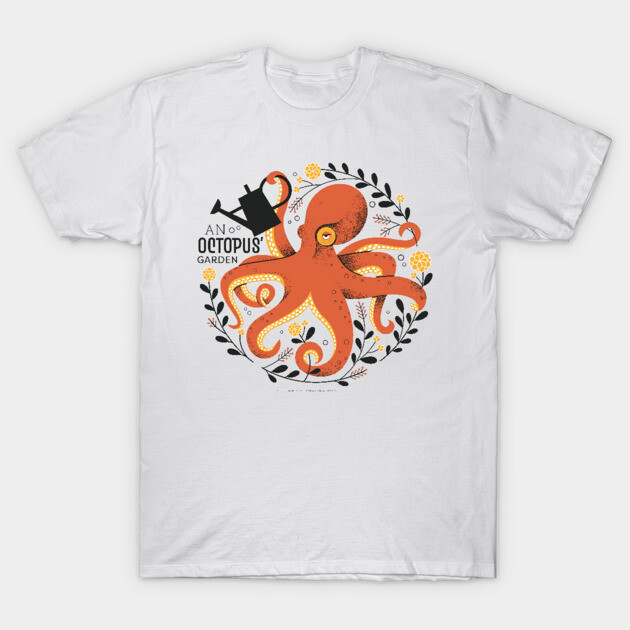White t-shirt with vibrant octopus garden print, casual style, 100% cotton, perfect for everyday wear.