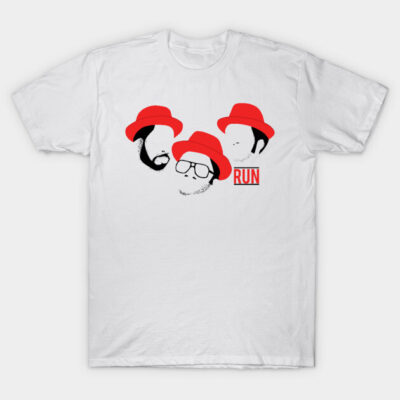 White cotton t-shirt with red hat graphic design and "RUN" text, casual unisex style for everyday wear.