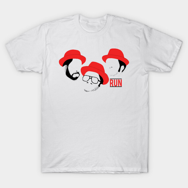 White cotton t-shirt with red hat graphic design and "RUN" text, casual unisex style for everyday wear.