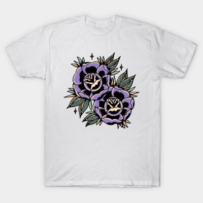 White t-shirt with purple rose graphic design, casual style, perfect for everyday wear, 100% cotton.