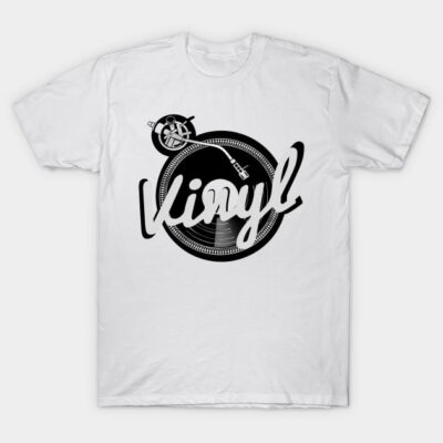 White t-shirt with black vinyl record graphic and "Vinyl" text, casual style, ideal for music lovers.