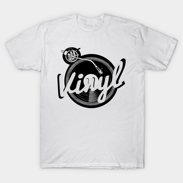 White t-shirt with black vinyl record graphic and "Vinyl" text, casual style, ideal for music lovers.