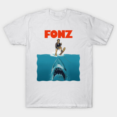 White graphic T-shirt featuring retro waterskiing and shark design, bold "FONZ" text, casual unisex style.