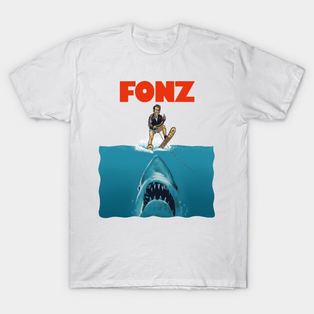 White graphic T-shirt featuring retro waterskiing and shark design, bold "FONZ" text, casual unisex style.