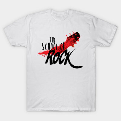 White "School of Rock" graphic t-shirt with red guitar design, casual style, 100% cotton, perfect for music lovers.
