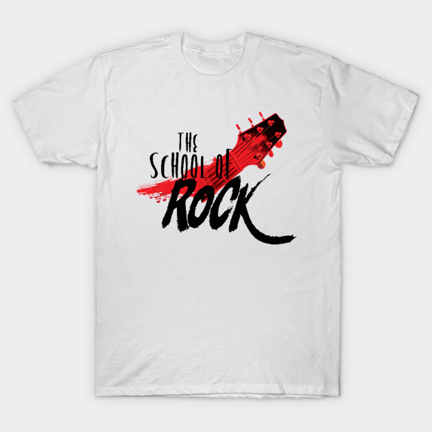 White "School of Rock" graphic t-shirt with red guitar design, casual style, 100% cotton, perfect for music lovers.