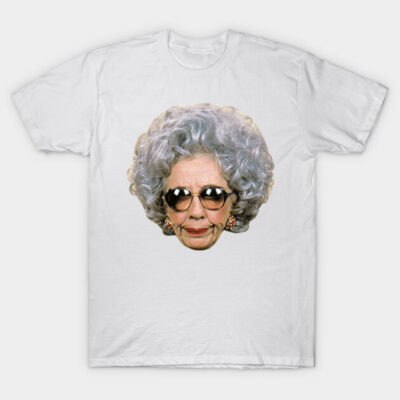 White unisex t-shirt with retro-style graphic print, featuring a large face with sunglasses, made from soft cotton.