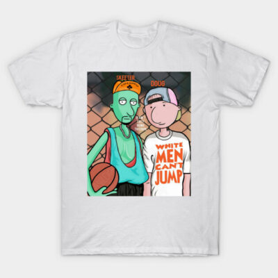 White graphic t-shirt featuring colorful cartoon characters and bold text, perfect for casual wear and street style.