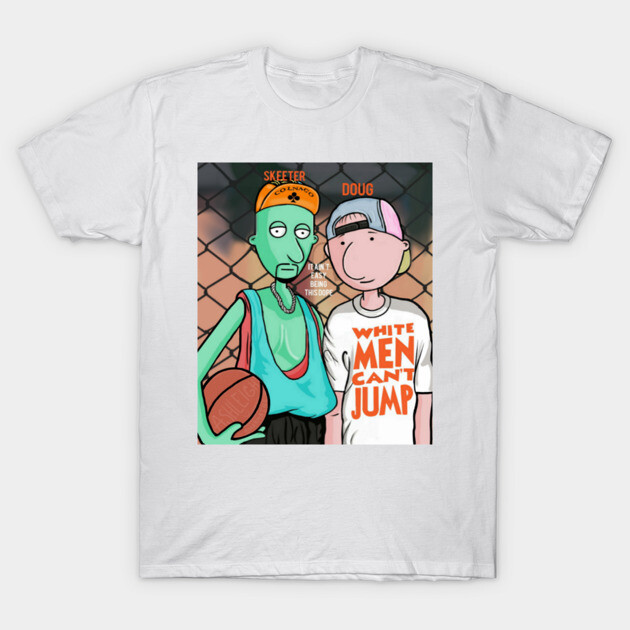 White graphic t-shirt featuring colorful cartoon characters and bold text, perfect for casual wear and street style.