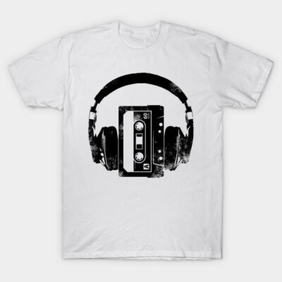 White t-shirt with retro black cassette and headphones graphic, casual style, cotton fabric, perfect for music lovers.