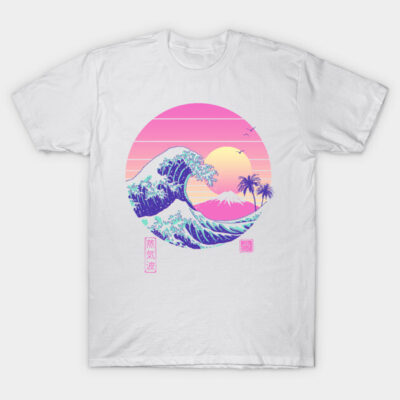 White t-shirt with vibrant sunset wave and palm tree design, perfect for casual wear. 100% cotton, unisex style.