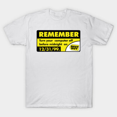 White T-shirt with retro "Remember Y2K" graphic in yellow and black, casual style, cotton material, unisex design.